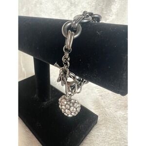 Fossil Charm Bracelet Puffy Rhinestone Heart Black Gunmetal Chain Toggle 7.5"